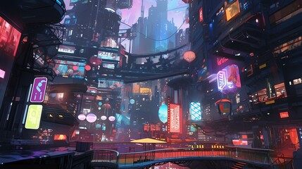 Futuristic Cityscape Anime Illustration: Neon Lights, Skyscrapers