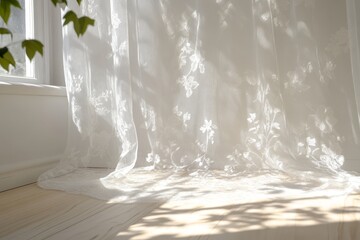 Obraz premium Soft shadows dance on a sunlit floor through delicate lace curtains in a bright room