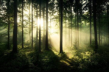 Obraz premium Mystical Forest Sunrise - Nature's Embrace