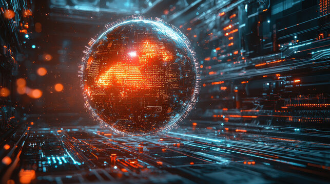 An advanced AI entity appears in a cyber-futuristic space filled with dynamic data streams