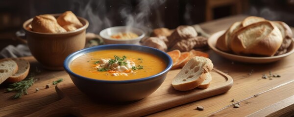 Wooden table with a steaming hot bowl of soup and fresh bread , kitchen, rustic, warm