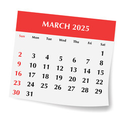 2025 march English calendar. vector illustration of monthly paper page with shadow. Design with Sunday start