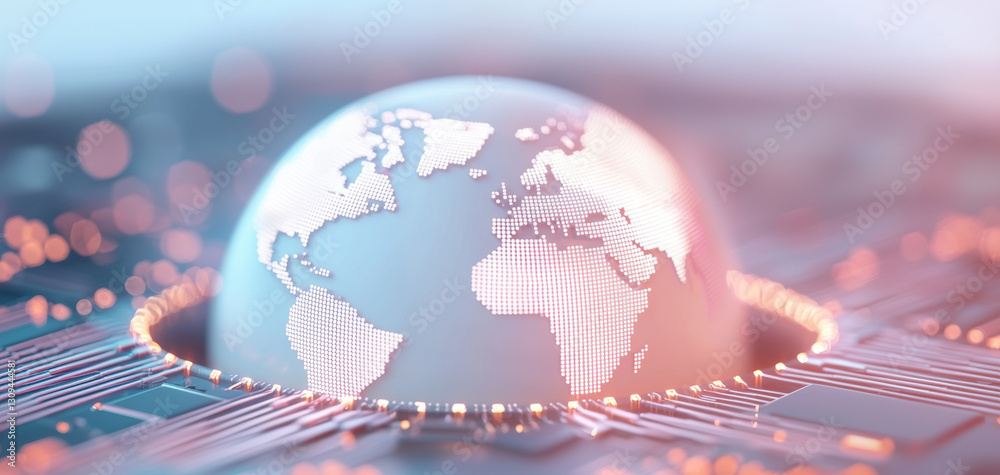 Poster digital globe representing global connectivity and technology, surrounded by circuit patterns, symbo