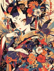 Anime Woman with Floral Accessory - Kimono, Vibrant Floral Backdrop