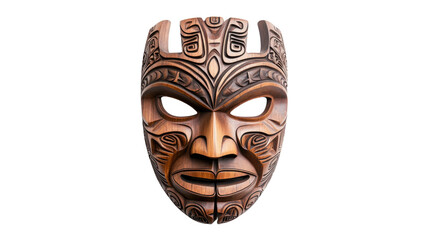 A wooden mask with a face carved into it