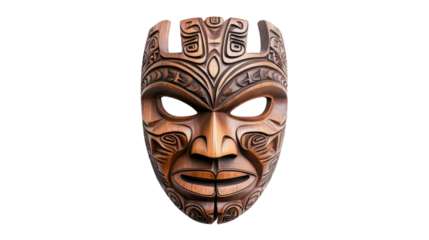 A wooden mask with a face carved into it