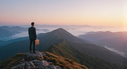 Fototapeta premium Businessman standing on mountain peak at sunrise