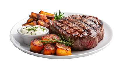 A plate of steak and potatoes with a sauce