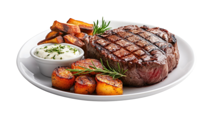 A plate of steak and potatoes with a sauce