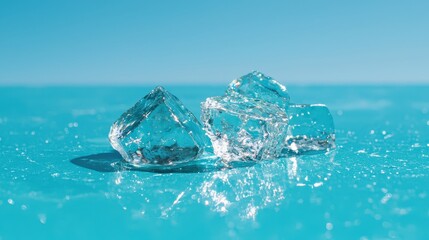 Sparkling Ice Cubes on Blue Surface
