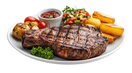 A plate of food with a steak, potatoes, and salad