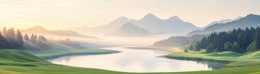 Fototapeta premium serene panorama of peaceful valley at golden hour, featuring winding river, lush green fields, and distant mountains. soft light creates tranquil atmosphere