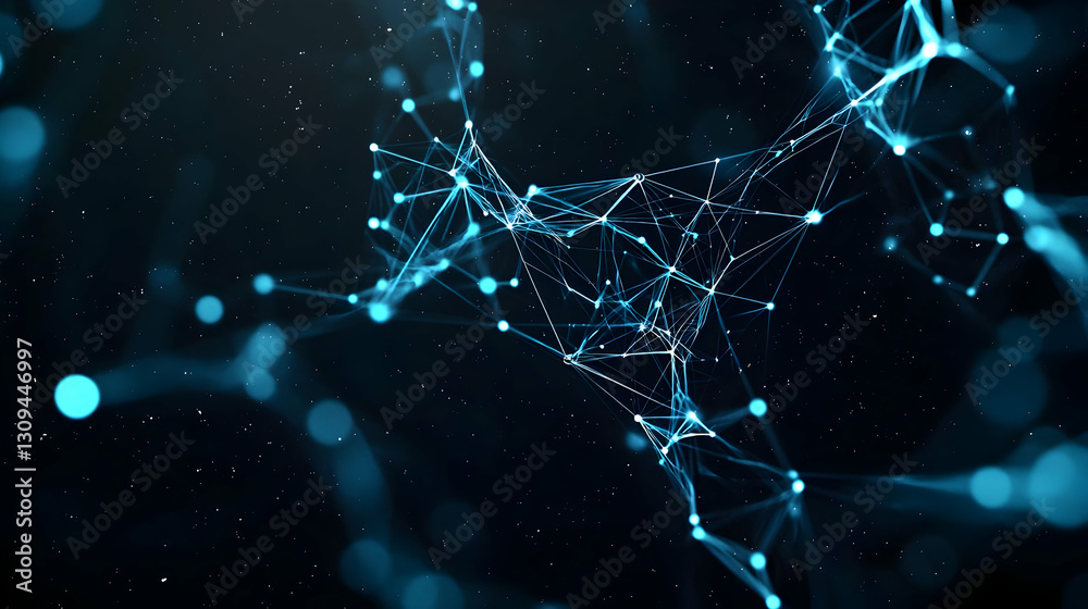 Wall mural abstract blue network structure with glowing dots and lines on dark background