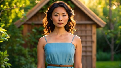 Naklejka premium a beautiful asian woman in a summer dress standing in front of a wooden shed, with sunlight casting a warm glow. She has a gentle smile