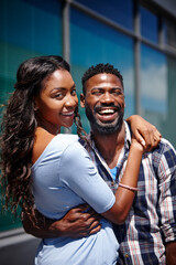 Obraz premium Love, portrait and black couple happy outdoor with travel adventure, honeymoon holiday and support in marriage. People, romance and bonding on anniversary weekend for affection, embrace and security