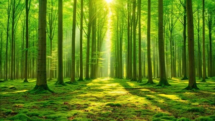 Obraz premium sunlight streaming through a lush green forest, creating a tranquil and vibrant scene, The tall trees reach towards the sky, creating a tunnel-like effect, with dappled light on the forest floor
