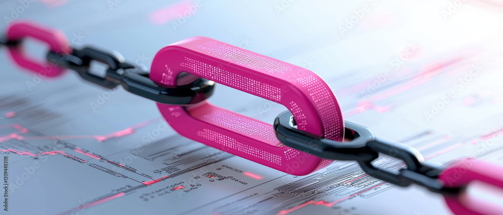 Poster pink chain link connected to black chain, symbolizing blockchain technology and security. background