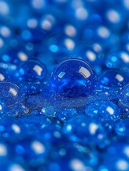Crystal clear blue drops of water with light reflections close up view