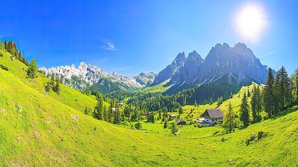 Obraz premium Serene Austrian Landscape with Vibrant Green Meadow and Majestic Mountains Under Clear Blue Sky, Ideal Sunny Summer Day Scenery