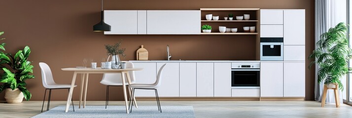 Modern kitchen with dining area, white cabinets, brown wall, and plants.