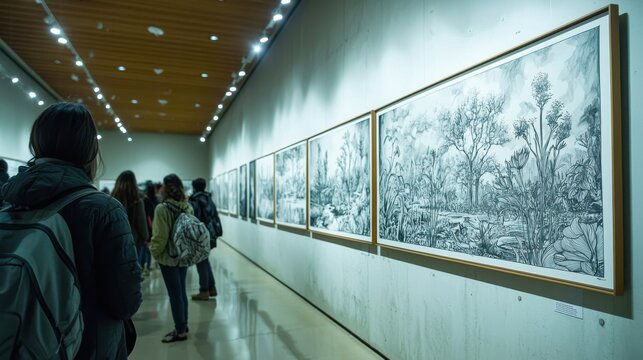 Woman engaged in contemplation while observing a gallery wall adorned with abstract line drawings and artworks