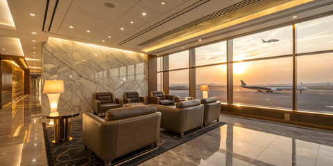  testimonial photo of sophisticated airport vip lounge. the lounge has a luxurious ambiance with plush comfy leather seating, warm golden lighting, and marble accents. large windows reveal a airport