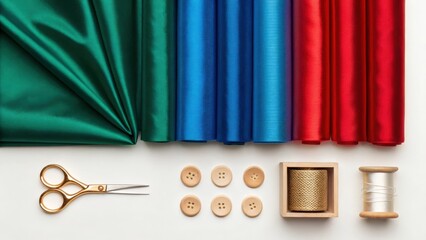 sewing essentials including rolls of fabric, scissors, buttons, and spools of thread, neatly arranged and ready for a crafting project