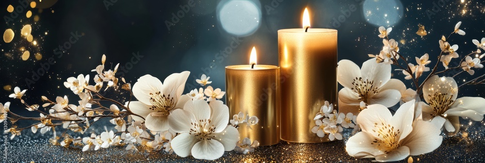 Aufkleber elegant golden candles and white flowers create a stunning display on a shimmering dark background f