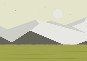 Mountains landscape scene with spring meadow. Rural fields with green meadow. Alpine field