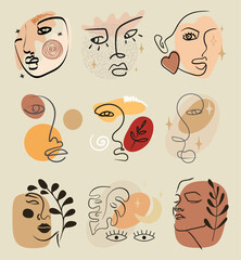 Aesthetic fashion illustration with beautiful ink female faces. Woman concept art for print, logo, badge, sticker