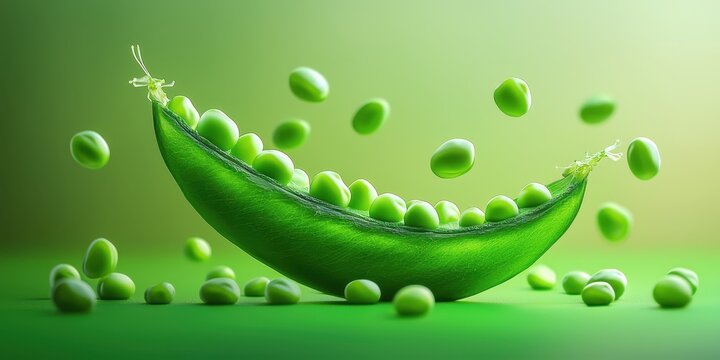Realistic 3D Icon Cartoon of A Spinning Green Peas Pod with Flying Peas on a Bright Green Surface - Powered by Adobe
