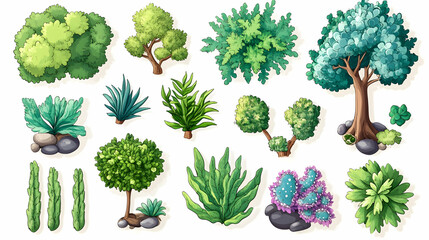 A vibrant collection of stylized trees, shrubs, and cacti, ideal for game assets or illustrations