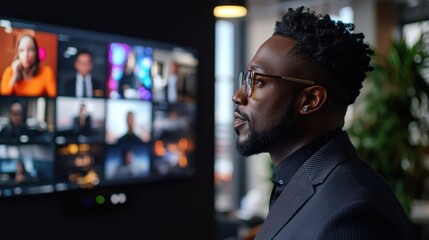 Fototapeta premium A focused man with glasses engaged in watching television with a remote control in a modern workspace for teamwork