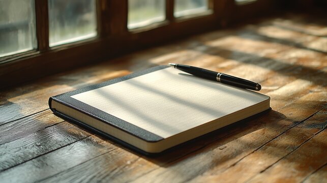 A thoughtful composition of a book and a pen resting on a table surrounded by soft shadows and natural light