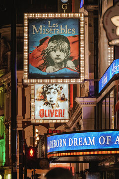 Oliver Twist Musical, Gielgud Theatre And Les Mis&eacute;rables Musical Playing At The Sondheim Theatre In West End Theatre District, Shaftesbury Avenue Theatreland, Central London, England, UK, March 2025