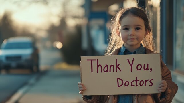 Young caucasian girl holding thank you sign for doctors outdoors