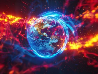 Vibrant digital art depicting Earth engulfed in fiery, energetic swirls of blue and red. A captivating cosmic scene.