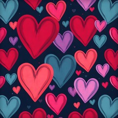 Digital matte painting with a pattern of colored hearts. Valentine Day theme. The picture is drawn in grunge style.