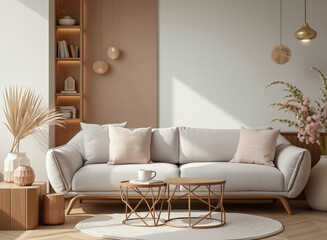 light gray sofa with blush pillows in a contemporary living room setting