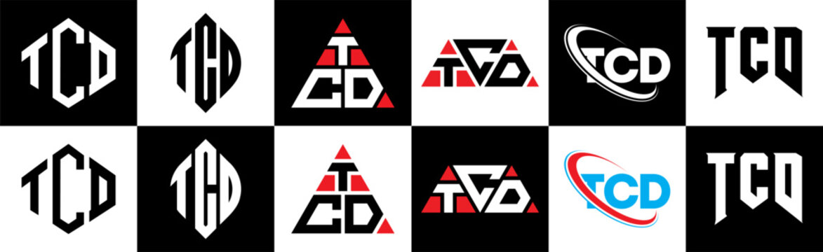 TCD letter logo design in six style. TCD polygon, circle, triangle, hexagon, flat and simple style with black and white color variation letter logo set in one artboard. TCD minimalist and classic logo