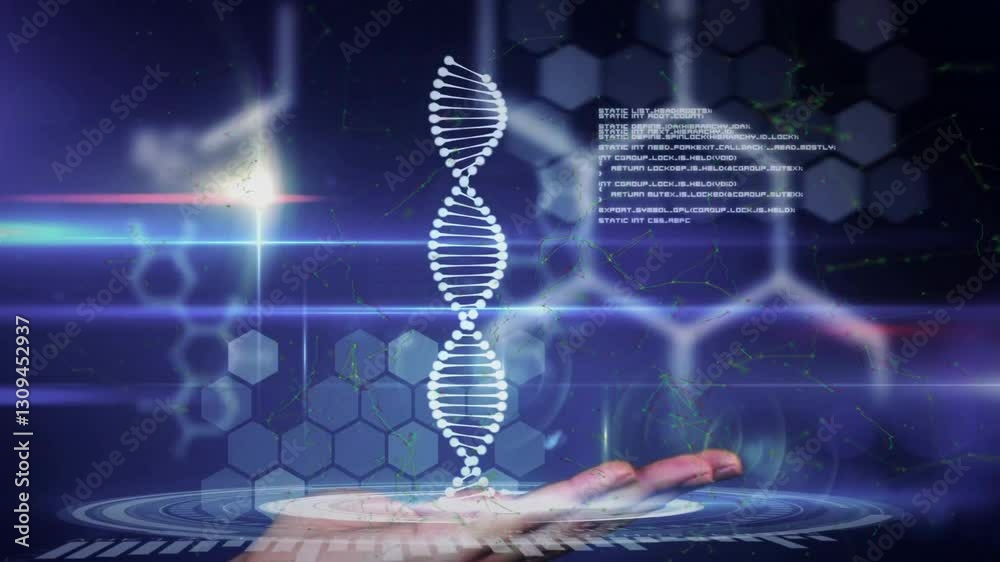 Poster visualizing animation of dna strand and data over open hand with futuristic graphics