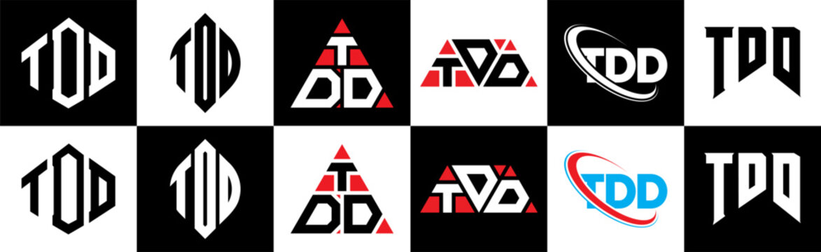 TDC letter logo design in six style. TDC polygon, circle, triangle, hexagon, flat and simple style with black and white color variation letter logo set in one artboard. TDC minimalist and classic logo