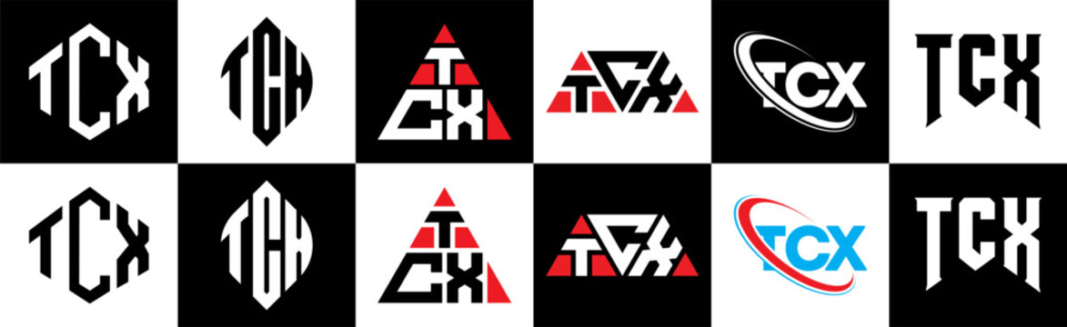 TCX letter logo design in six style. TCX polygon, circle, triangle, hexagon, flat and simple style with black and white color variation letter logo set in one artboard. TCX minimalist and classic logo