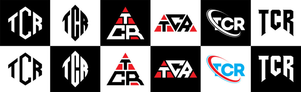 TCR letter logo design in six style. TCR polygon, circle, triangle, hexagon, flat and simple style with black and white color variation letter logo set in one artboard. TCR minimalist and classic logo