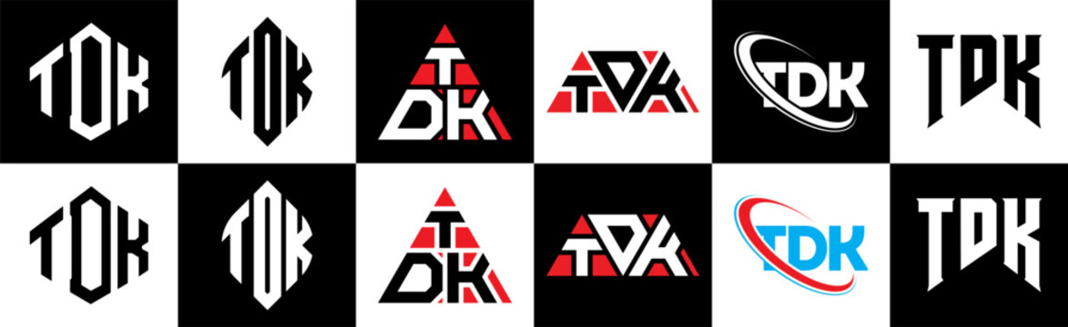TDK letter logo design in six style. TDK polygon, circle, triangle, hexagon, flat and simple style with black and white color variation letter logo set in one artboard. TDK minimalist and classic logo