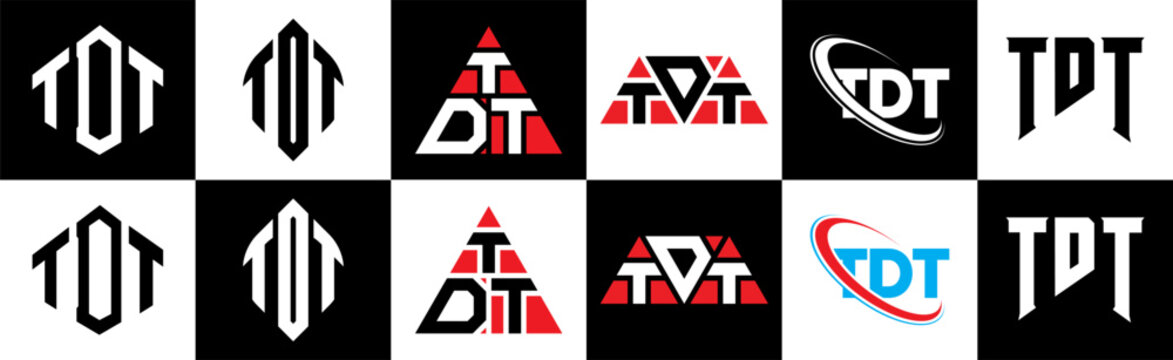 TDT letter logo design in six style. TDT polygon, circle, triangle, hexagon, flat and simple style with black and white color variation letter logo set in one artboard. TDT minimalist and classic logo