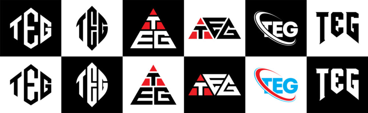 TEG letter logo design in six style. TEG polygon, circle, triangle, hexagon, flat and simple style with black and white color variation letter logo set in one artboard. TEG minimalist and classic logo