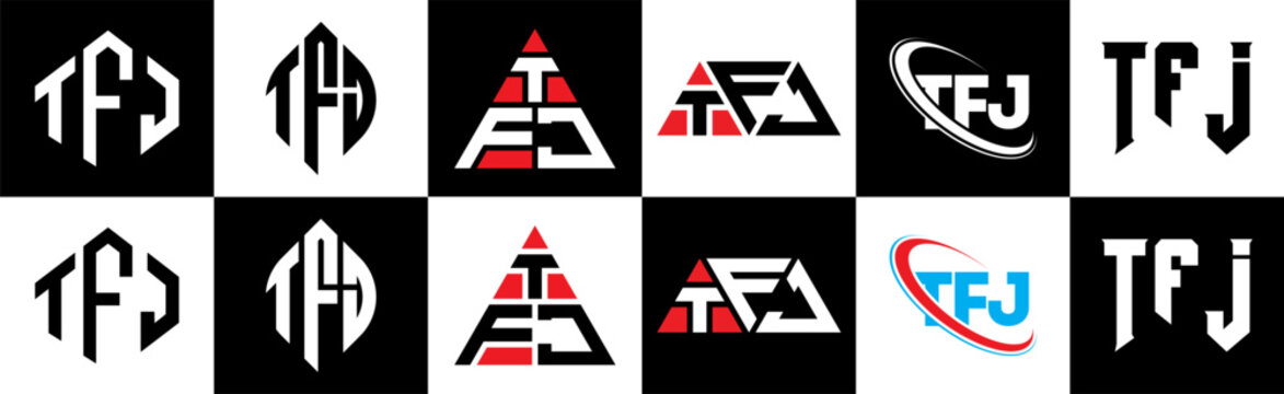 TFJ letter logo design in six style. TFJ polygon, circle, triangle, hexagon, flat and simple style with black and white color variation letter logo set in one artboard. TFJ minimalist and classic logo