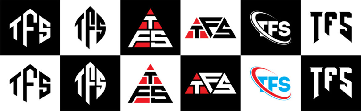 TFS letter logo design in six style. TFS polygon, circle, triangle, hexagon, flat and simple style with black and white color variation letter logo set in one artboard. TFS minimalist and classic logo
