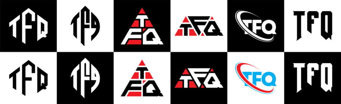 TFQ letter logo design in six style. TFQ polygon, circle, triangle, hexagon, flat and simple style with black and white color variation letter logo set in one artboard. TFQ minimalist and classic logo